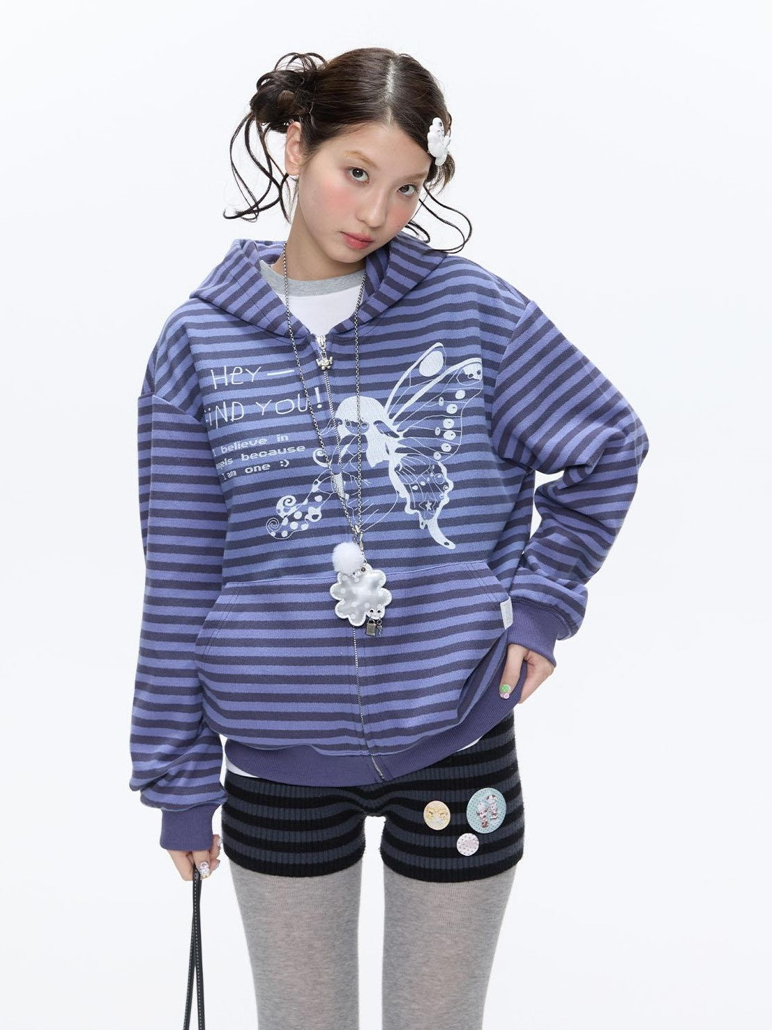 BETWEENAND Vintage Purple Butterfly Striped Oversized Women&