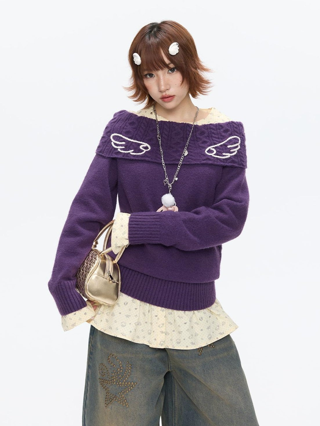 BETWEENAND Vintage Purple Crochet Angel Wing Jacquard Women&