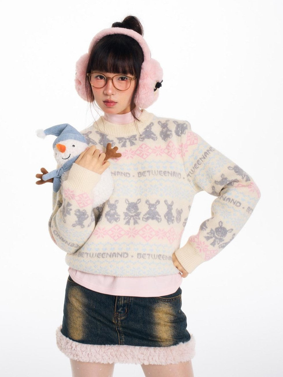 BETWEENAND Vintage Two Tone Nordic Chunky Knit Women&