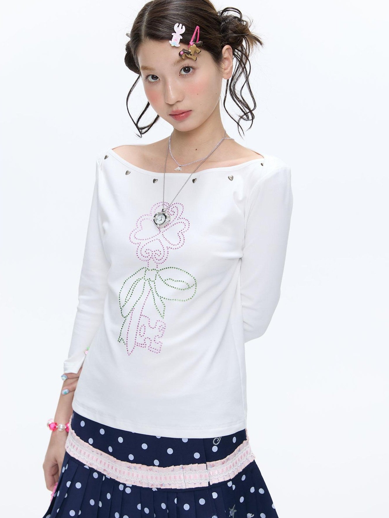 BETWEENAND White Beaded Four Leaf Clover Polka Dot Women&