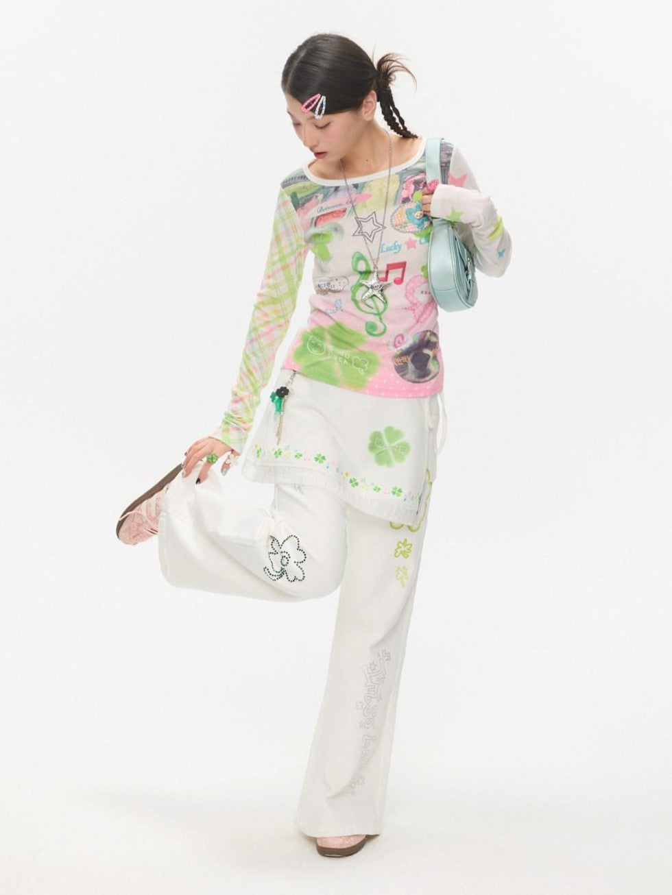 BETWEENAND White Clover Print Tie Strap Layered Mesh Women&
