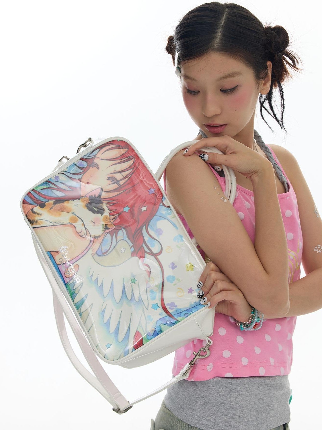BETWEENAND White Double Sided Angel Print Square Top Handle Single Strap Women&
