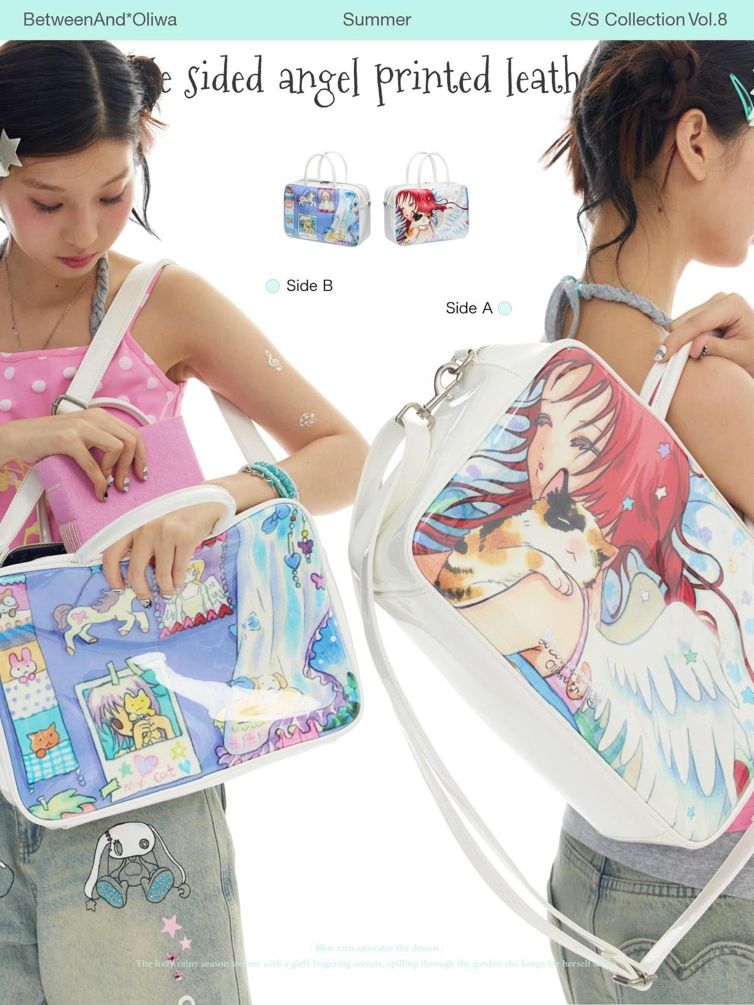 BETWEENAND White Double Sided Angel Print Square Top Handle Single Strap Women&