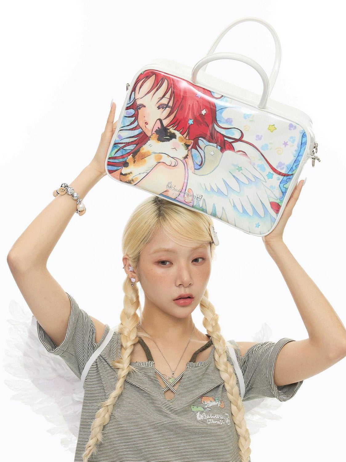 BETWEENAND White Double Sided Angel Print Square Top Handle Single Strap Women&