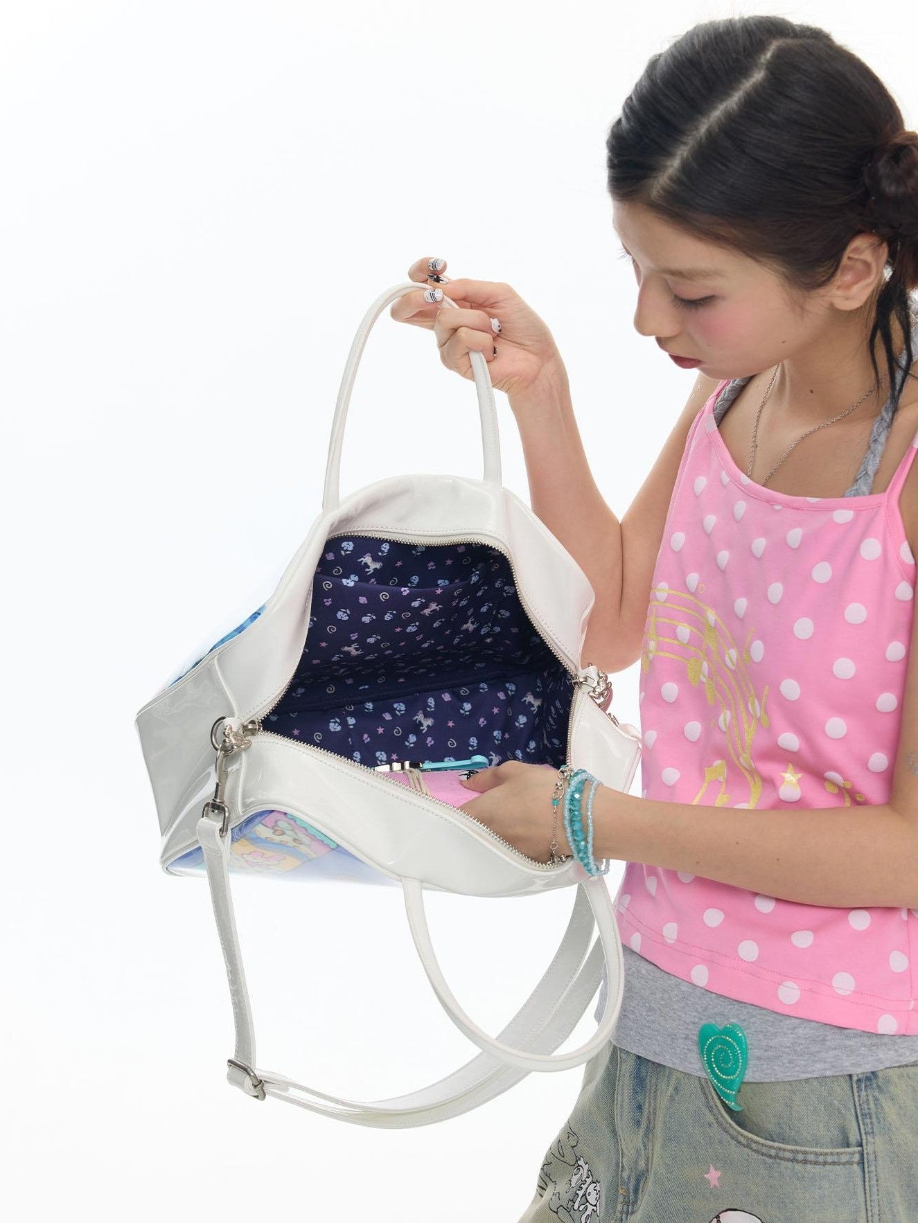 BETWEENAND White Double Sided Angel Print Square Top Handle Single Strap Women&