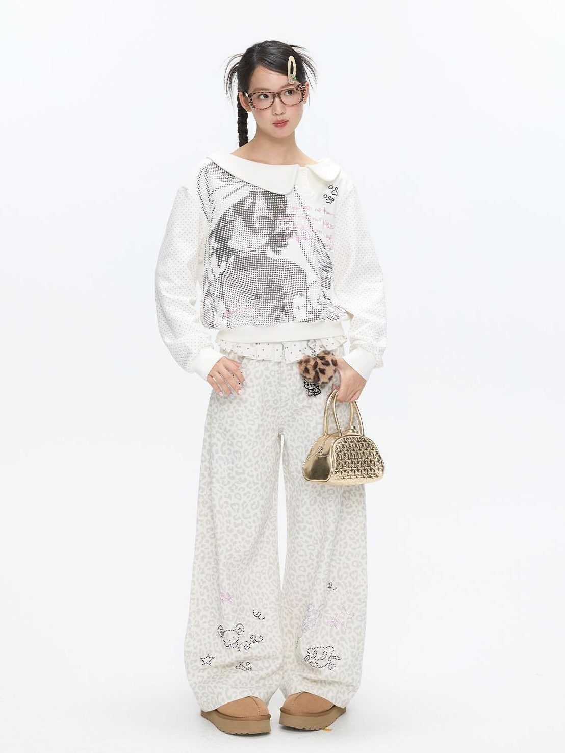 BETWEENAND White Leopard Print Rhinestone Lace High Waist Women&