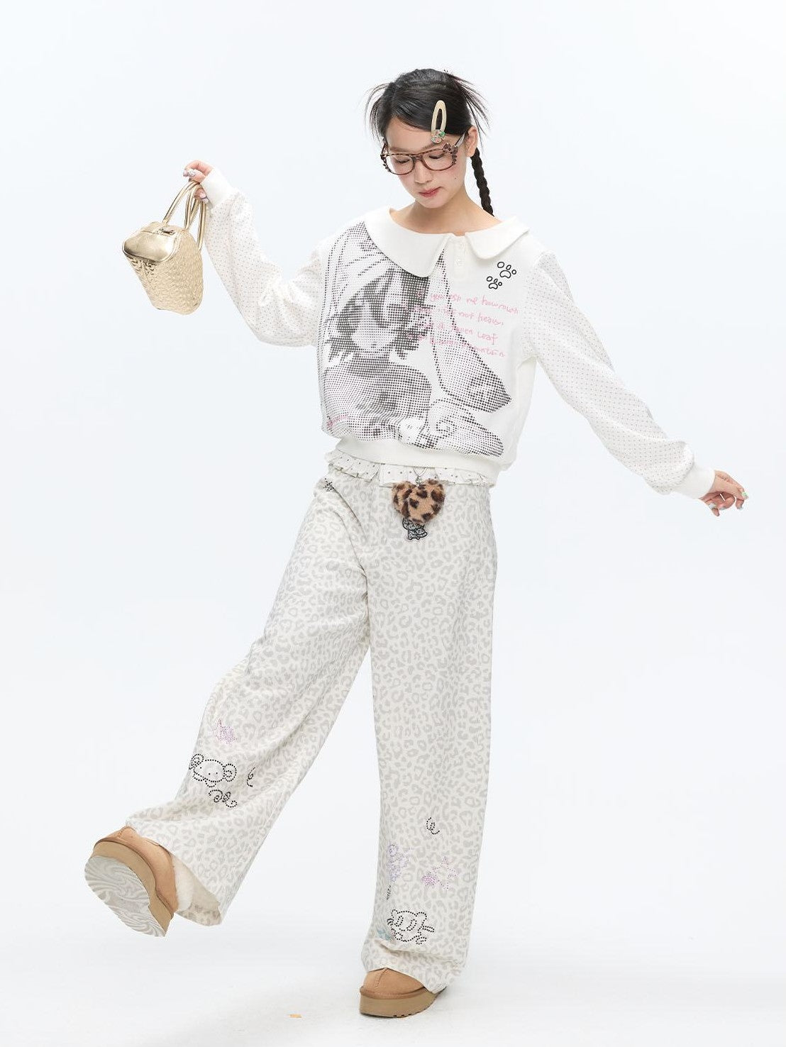 BETWEENAND White Leopard Print Rhinestone Lace High Waist Women&