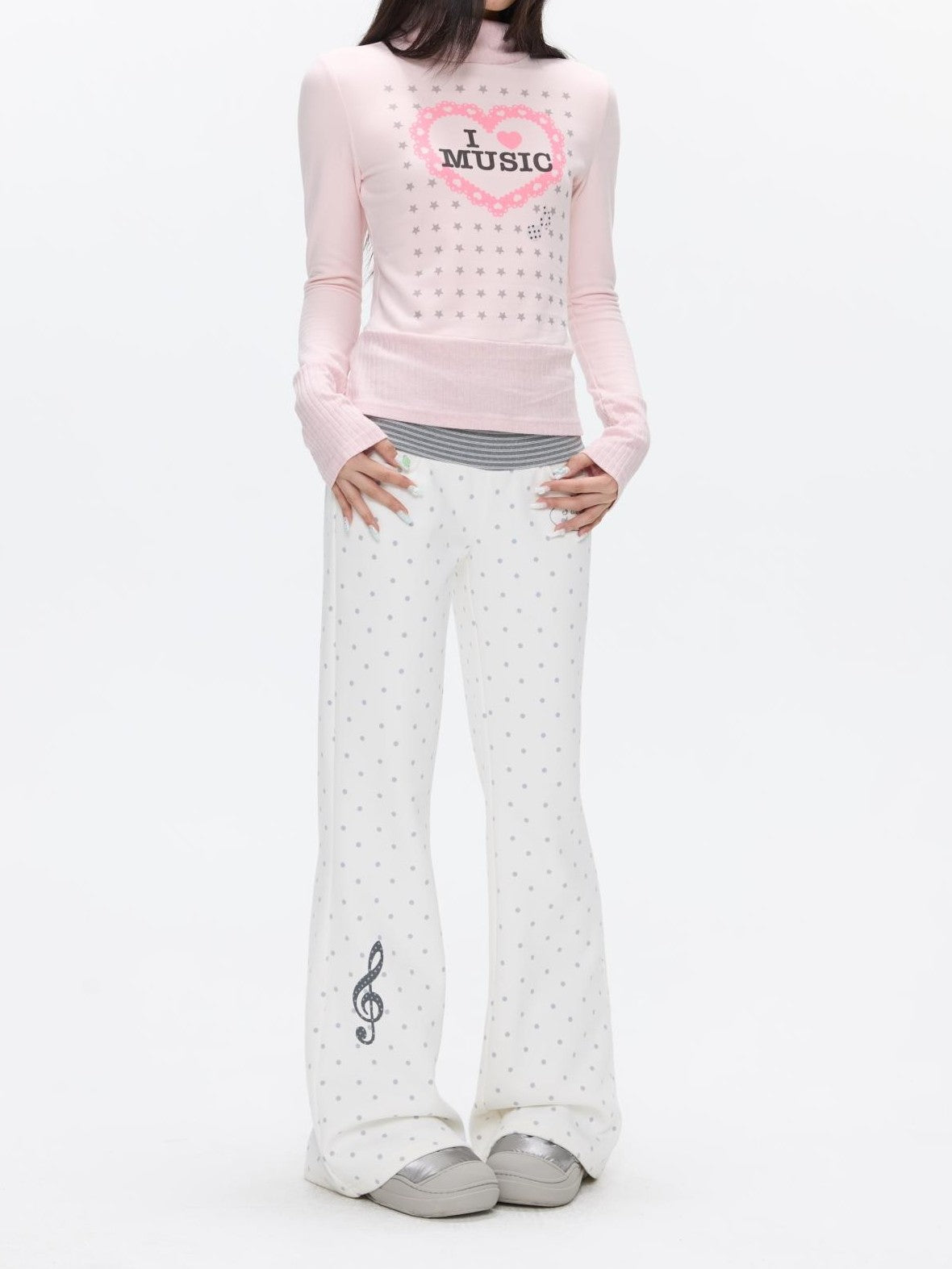 BETWEENAND White Polka Dot Patchwork Fleece Lined High Waist Women&