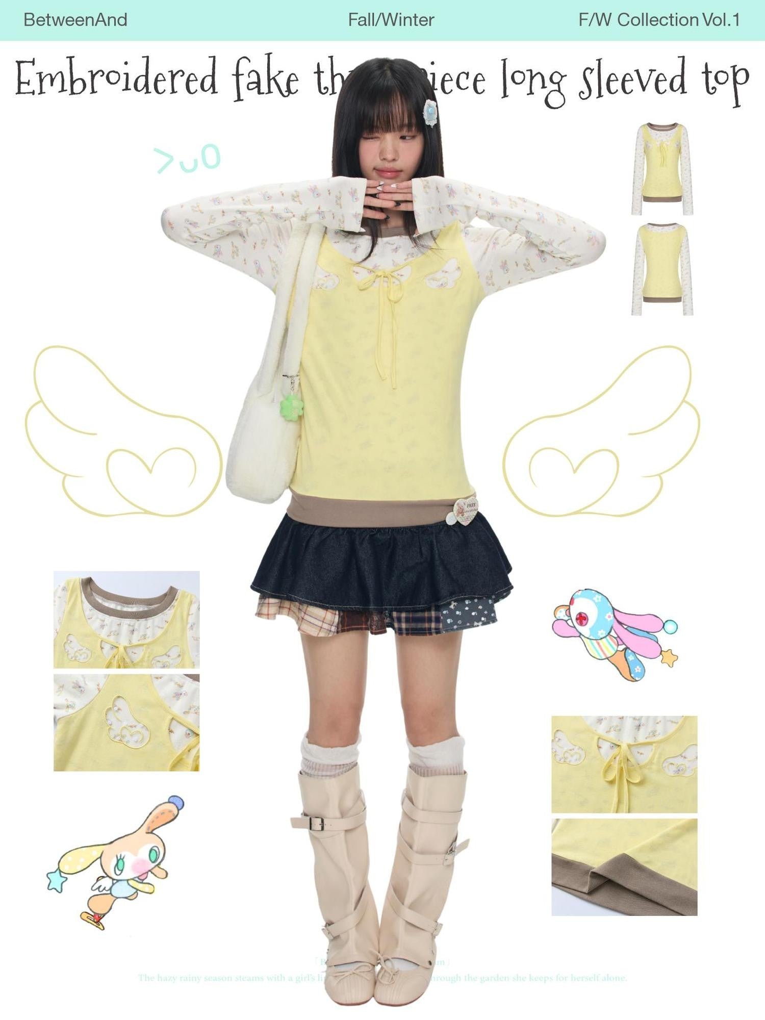 BETWEENAND Yellow Angel Embroidery Faux Layered Women&