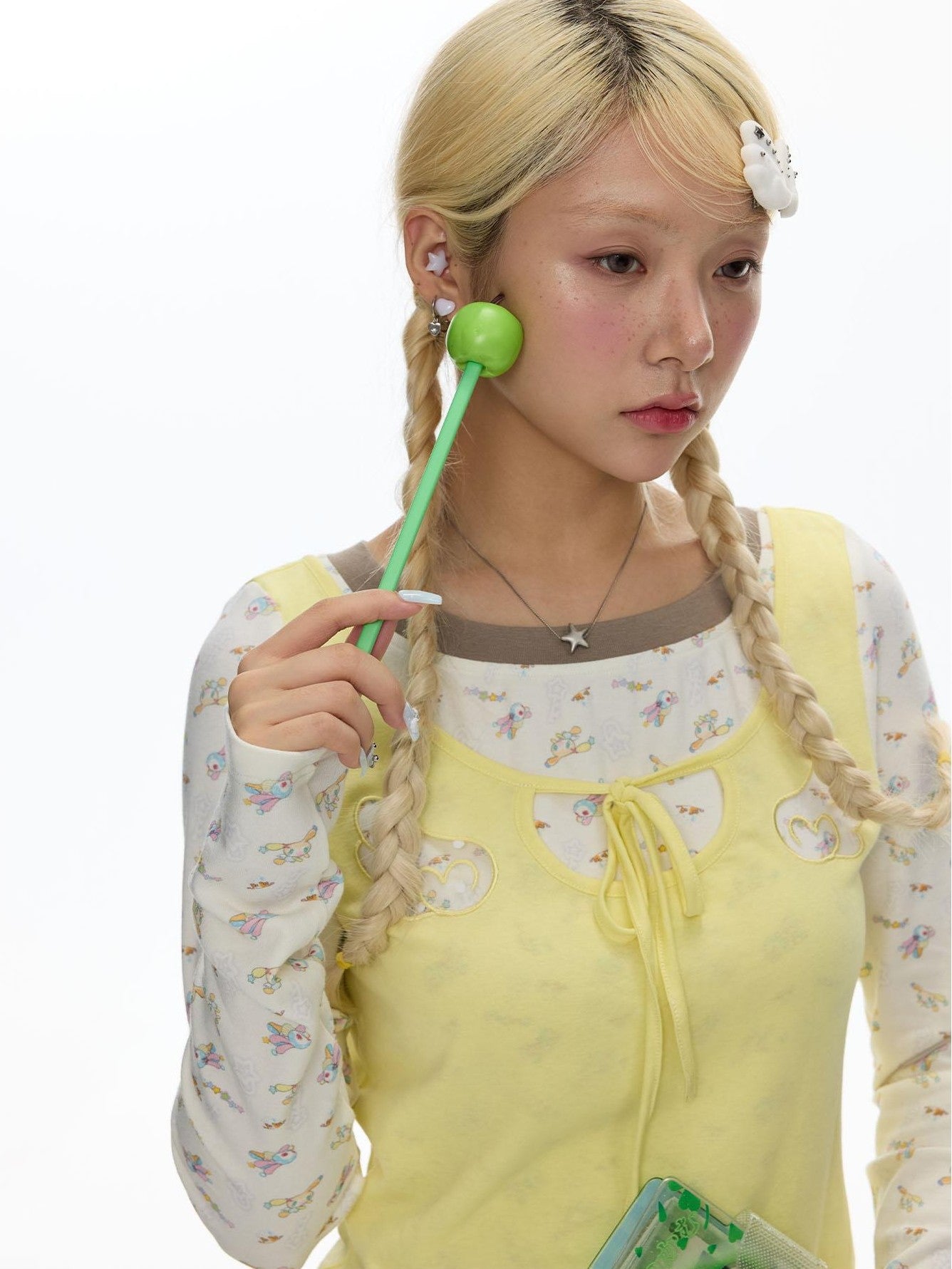 BETWEENAND Yellow Angel Embroidery Faux Layered Women&