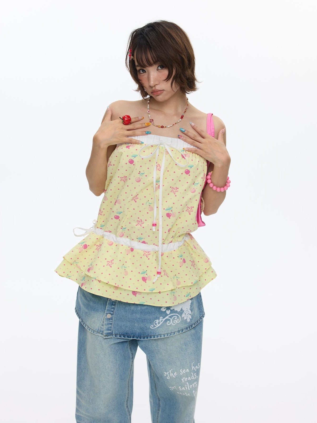 BETWEENAND Yellow Cherry Print Patchwork Tiered Women&