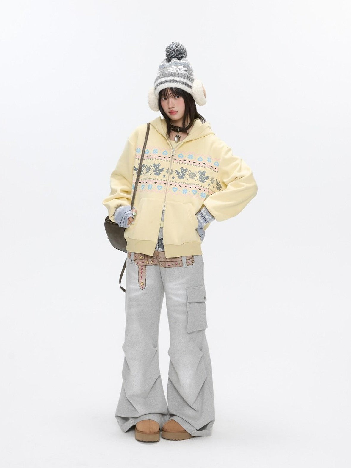 BETWEENAND Yellow Fair Isle Bear Print Fleece Lined Women&
