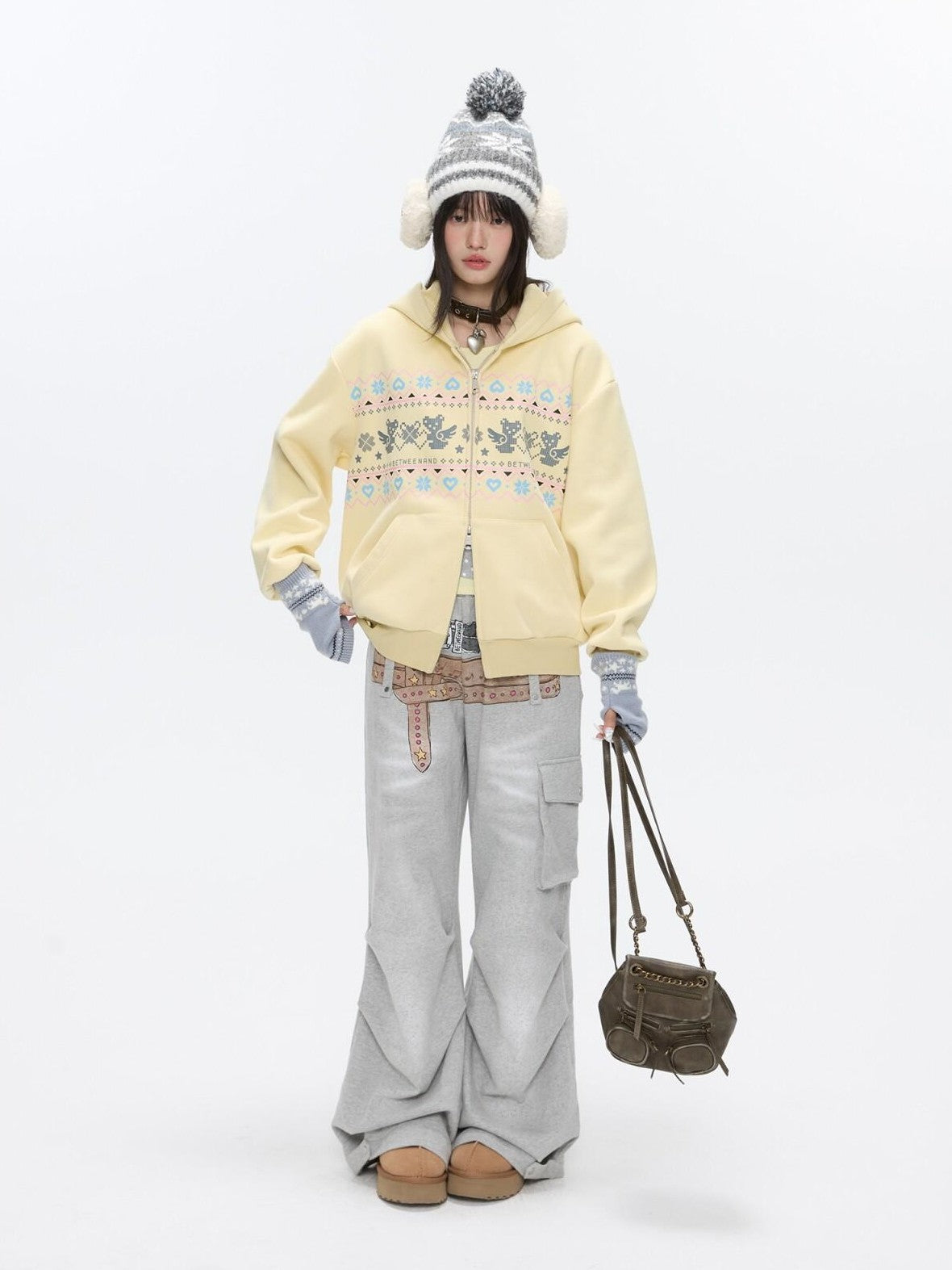 BETWEENAND Yellow Fair Isle Bear Print Fleece Lined Women&