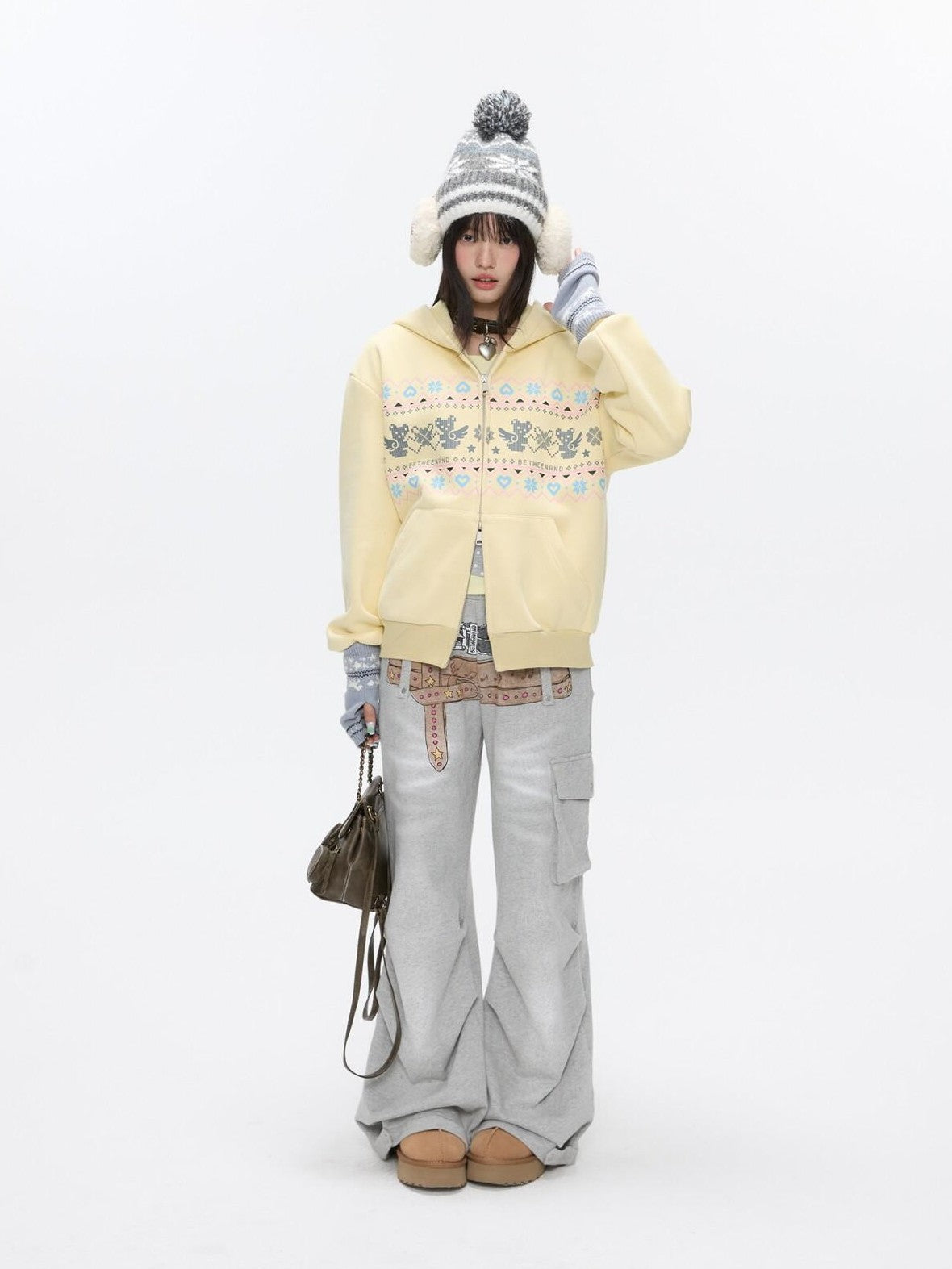 BETWEENAND Yellow Fair Isle Bear Print Fleece Lined Women&