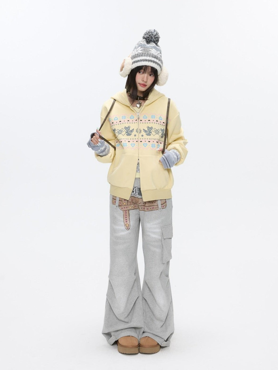 BETWEENAND Yellow Fair Isle Bear Print Fleece Lined Women&