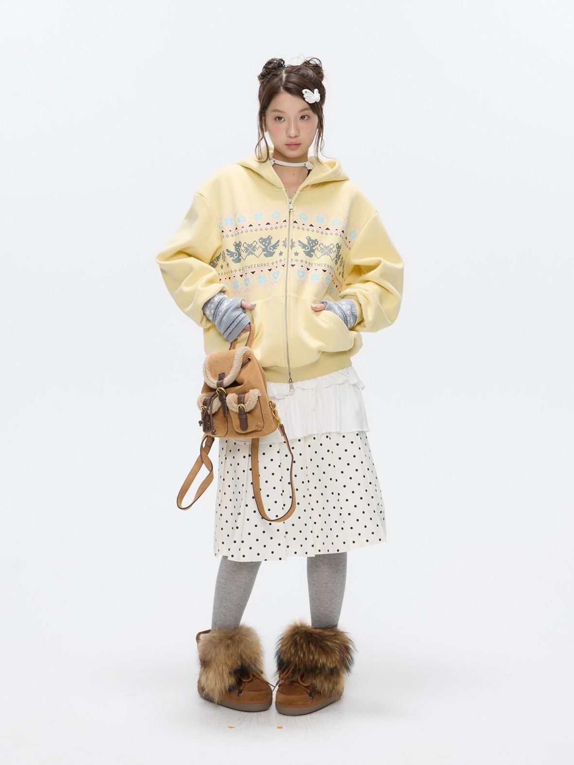 BETWEENAND Yellow Fair Isle Bear Print Fleece Lined Women&