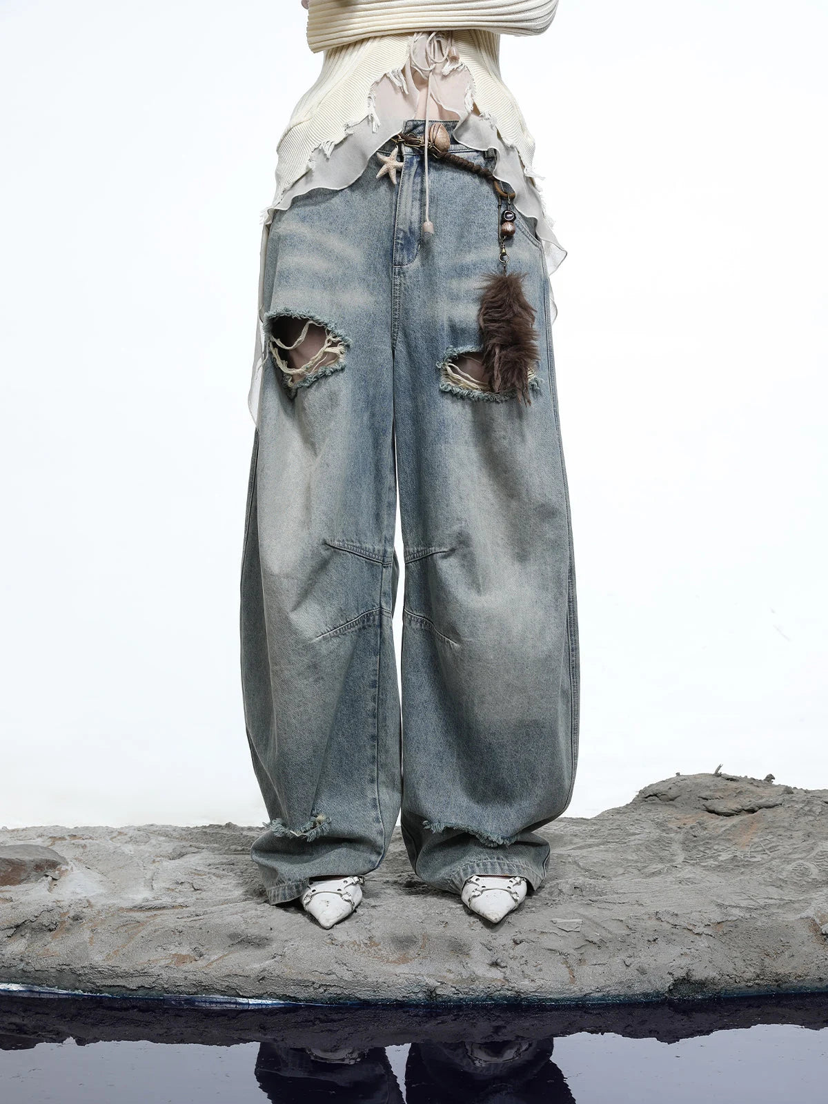 Vintage Wash Distressed Crescent Wide Leg Jeans