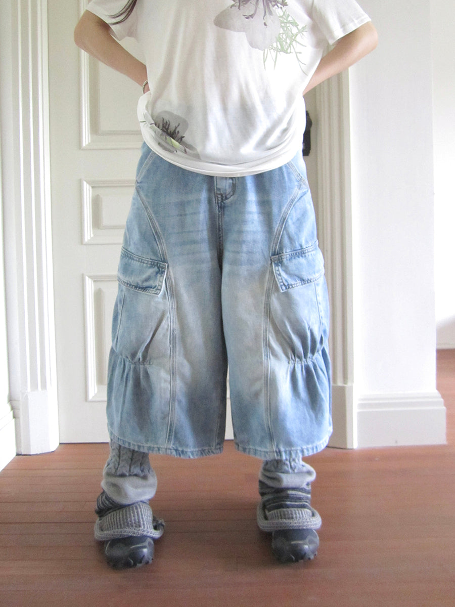 ang project Vintage Washed Relaxed Wide Leg Cargo Capri Jeans