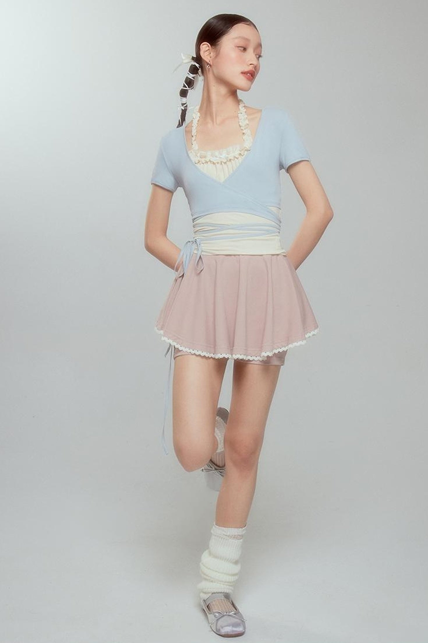 DIDDI MODA Ballet Blue Lace Detachable Two Piece Knit Top