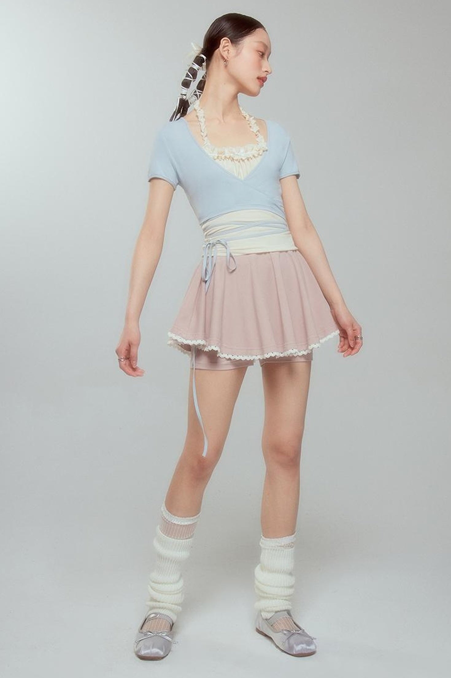 DIDDI MODA Ballet Blue Lace Detachable Two Piece Knit Top