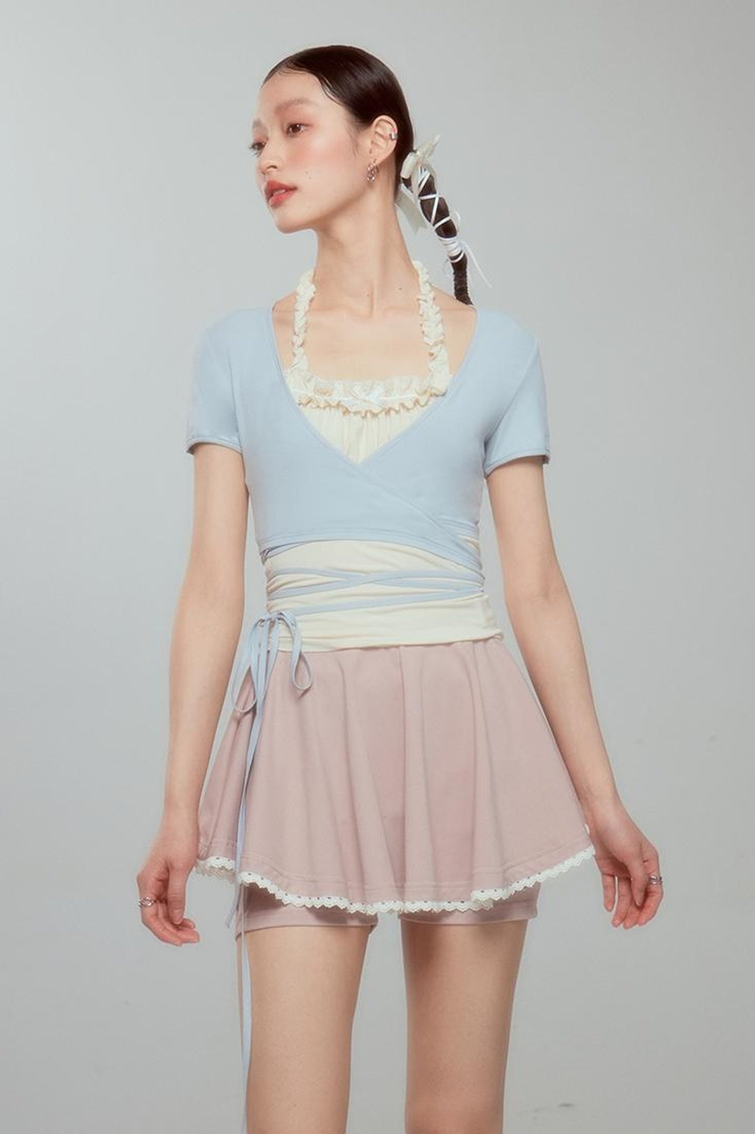 DIDDI MODA Ballet Blue Lace Detachable Two Piece Knit Top