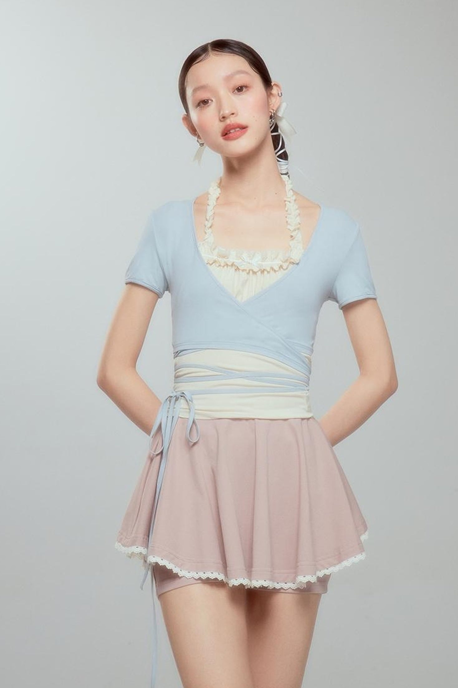 DIDDI MODA Ballet Blue Lace Detachable Two Piece Knit Top