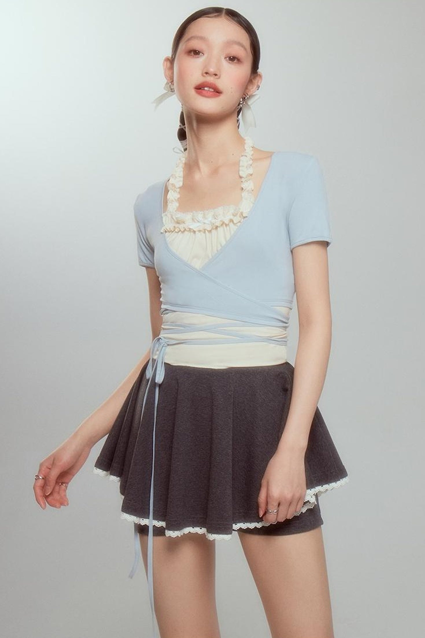 DIDDI MODA Ballet Blue Lace Detachable Two Piece Knit Top