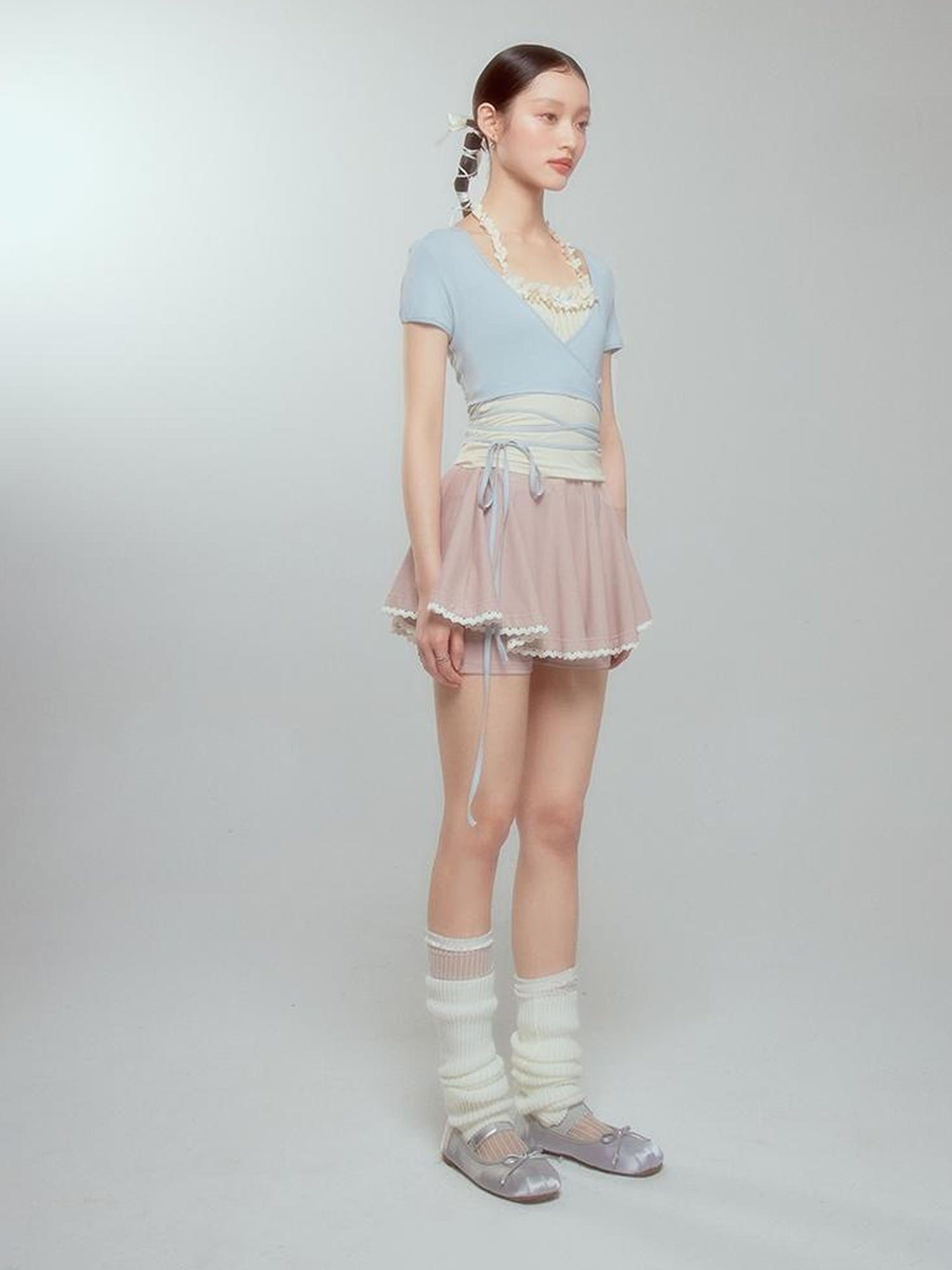 DIDDI MODA Ballet Blue Lace Detachable Two Piece Knit Top