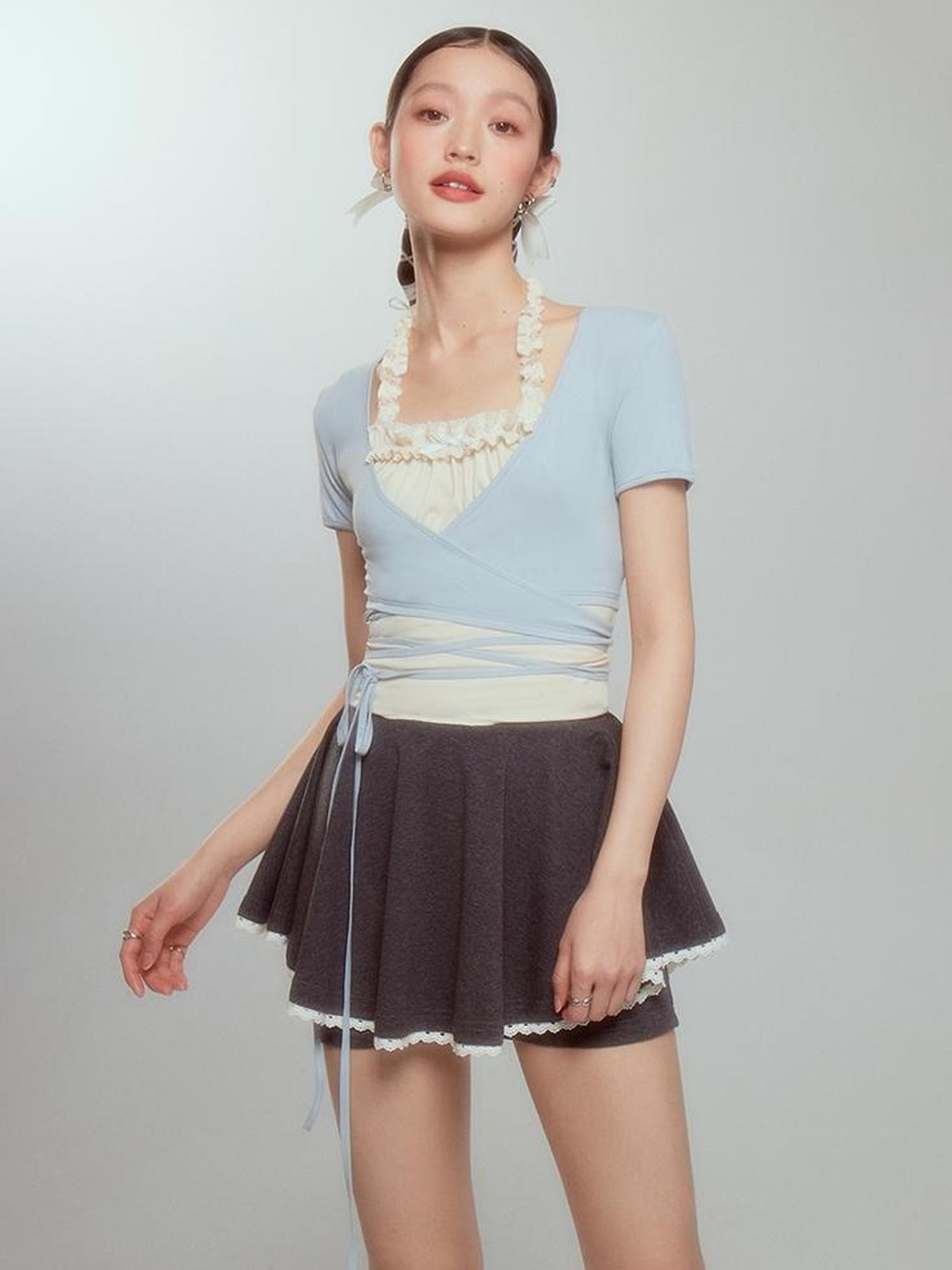 DIDDI MODA Ballet Blue Lace Detachable Two Piece Knit Top