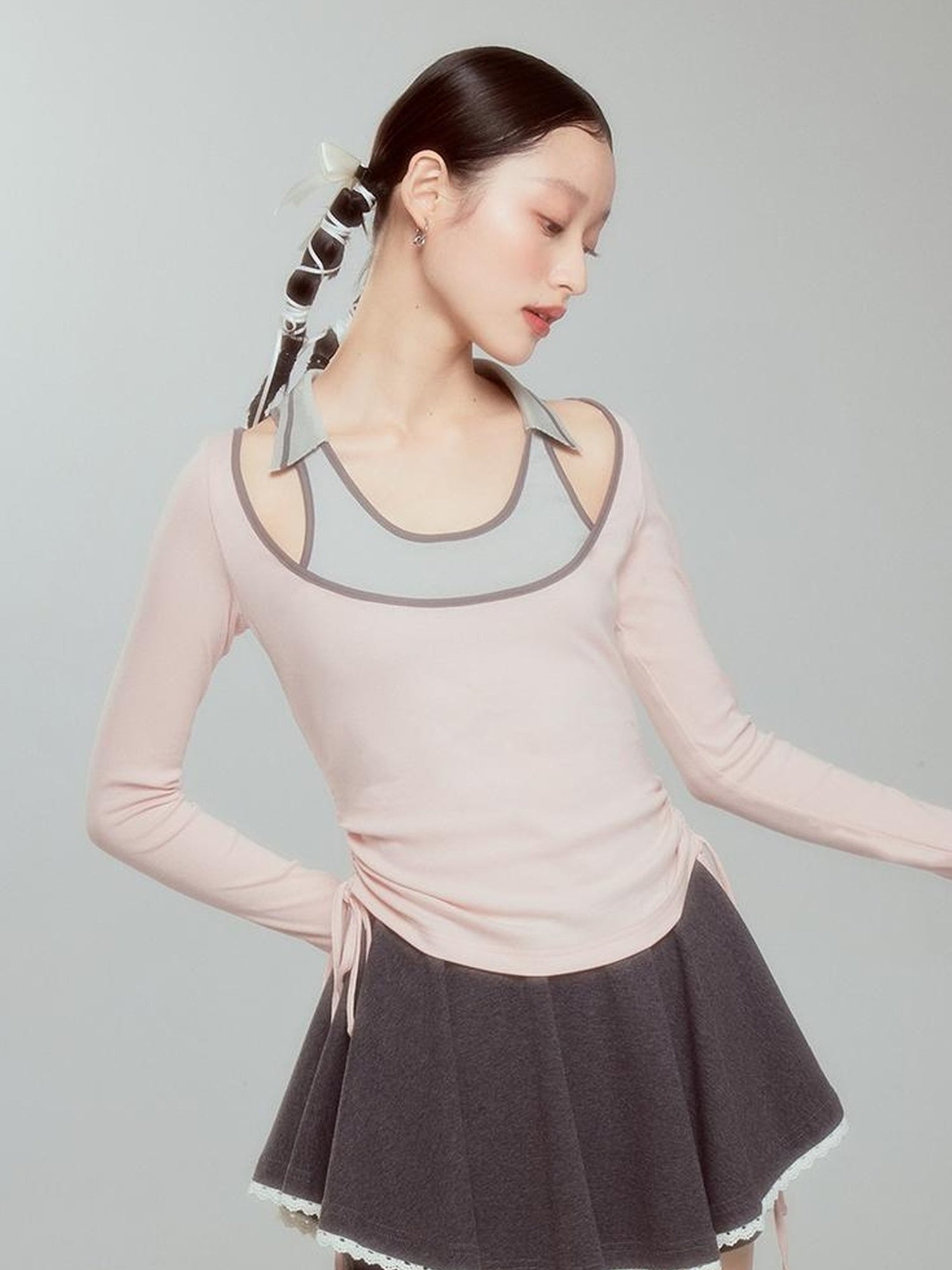 DIDDI MODA Balletcore Knit Layered Mock Neck Top
