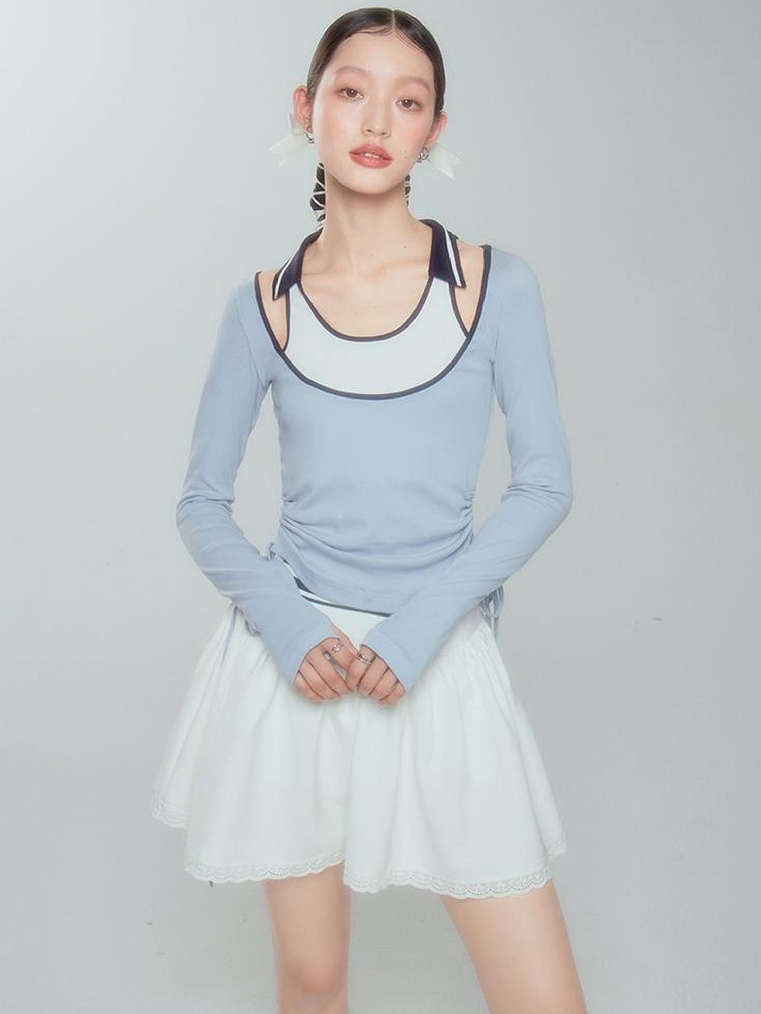 DIDDI MODA Balletcore Knit Layered Mock Neck Top
