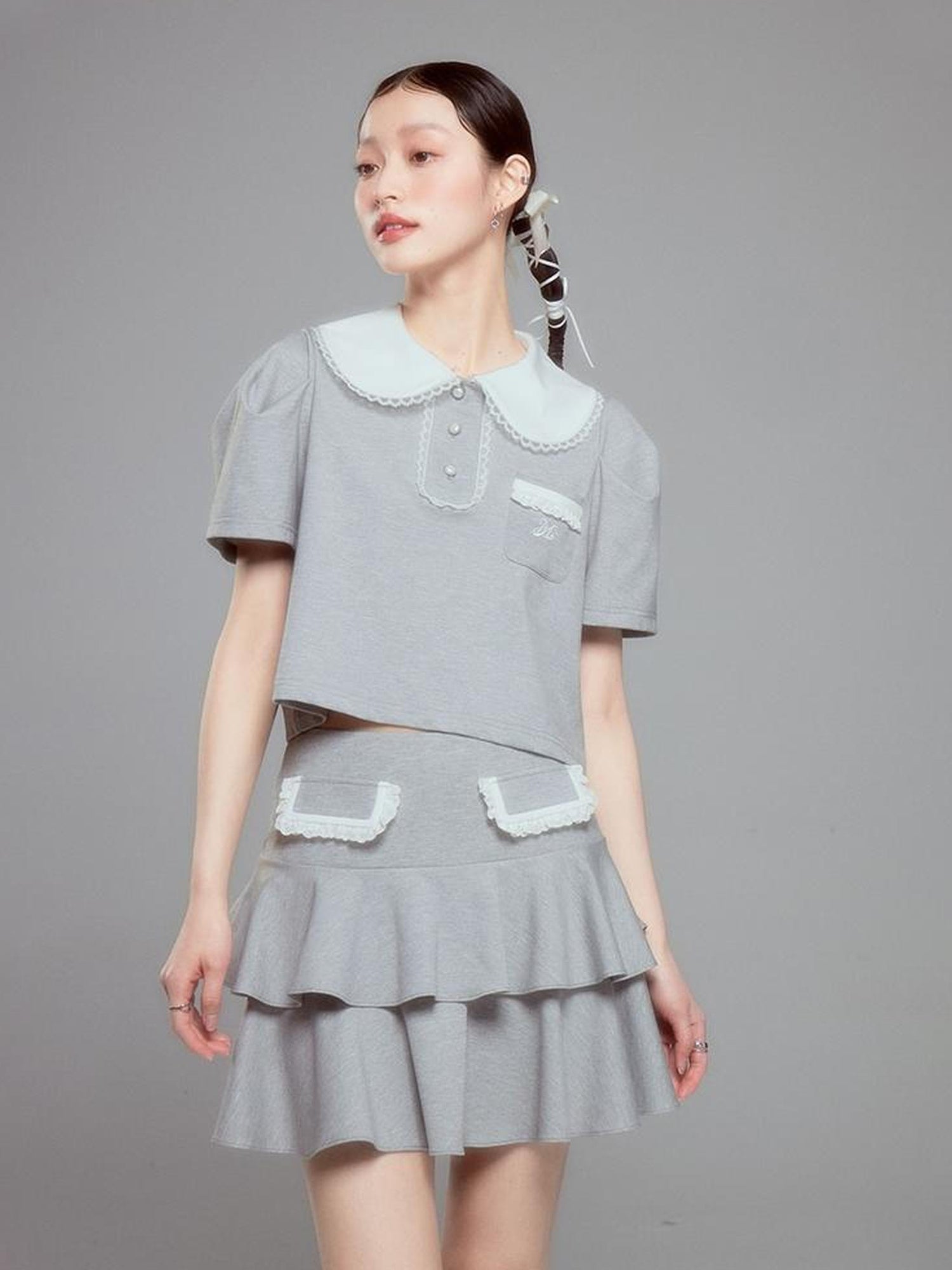 DIDDI MODA Balletcore Knit Set Soft Contrast Trim Top Skirt