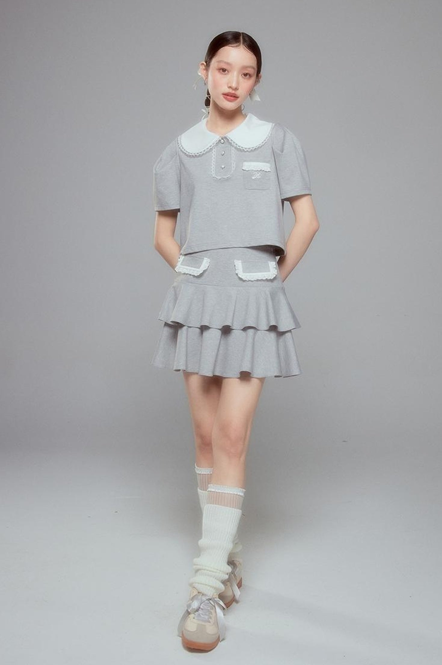 DIDDI MODA Balletcore Knit Set Soft Contrast Trim Top Skirt