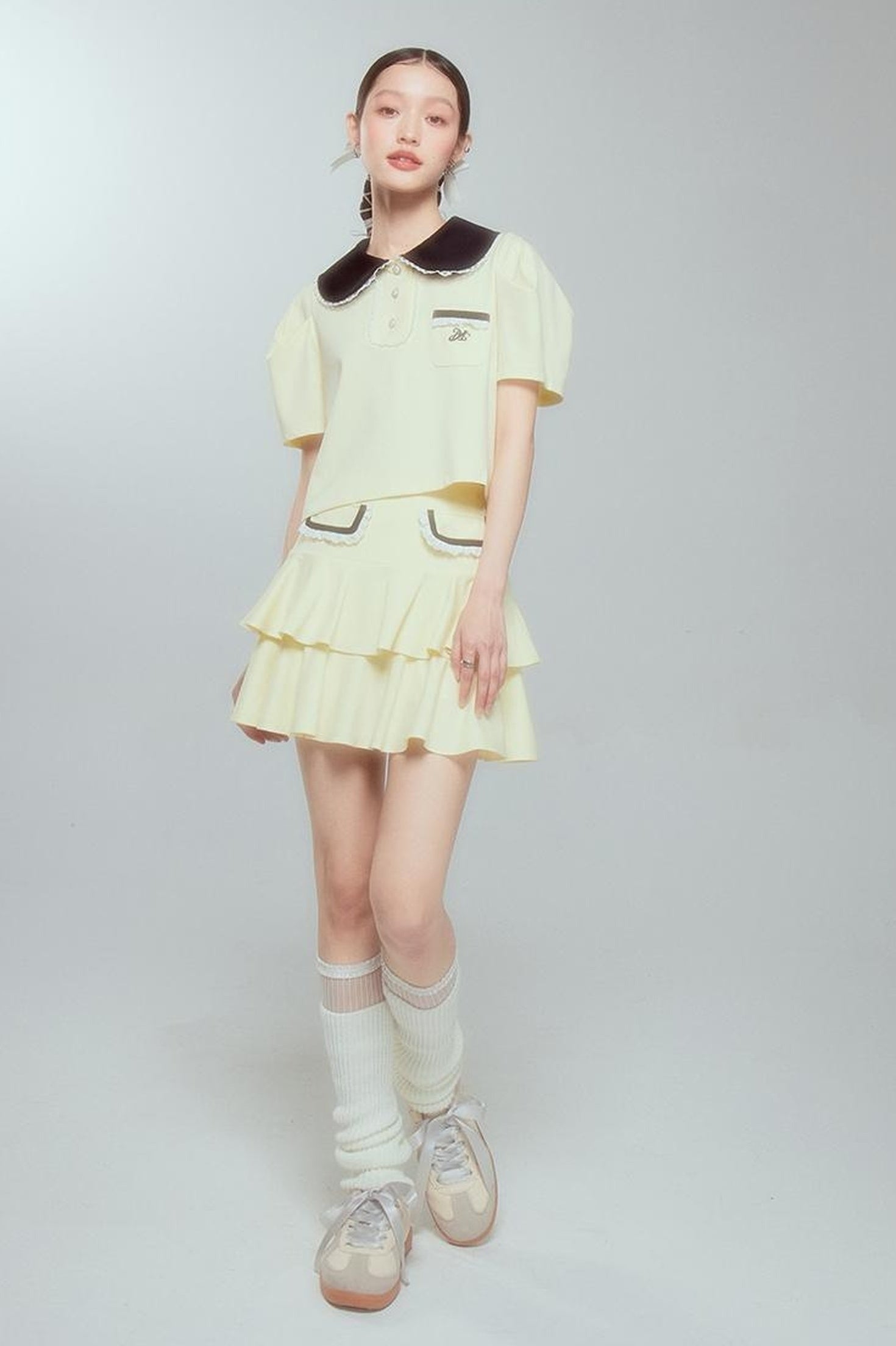 DIDDI MODA Balletcore Knit Set Soft Contrast Trim Top Skirt