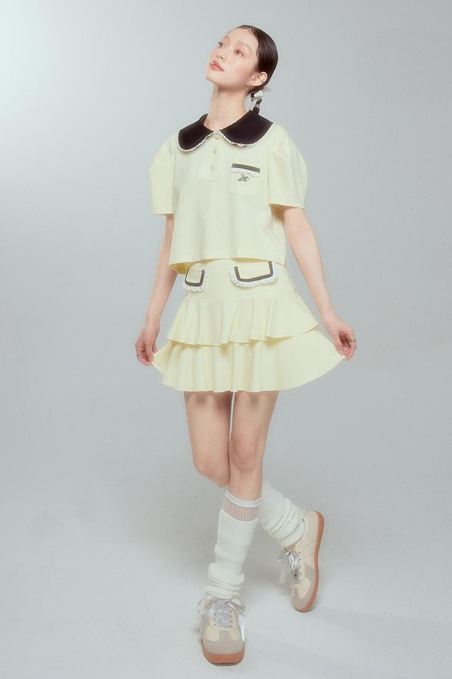 DIDDI MODA Balletcore Knit Set Soft Contrast Trim Top Skirt