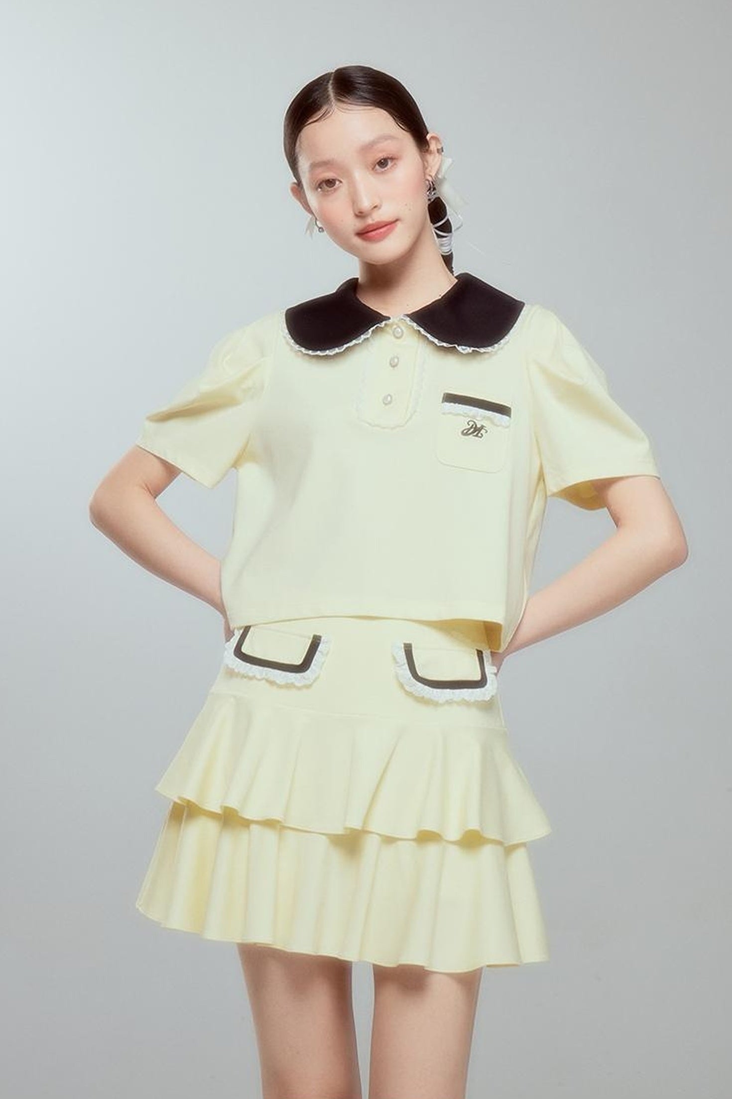 DIDDI MODA Balletcore Knit Set Soft Contrast Trim Top Skirt