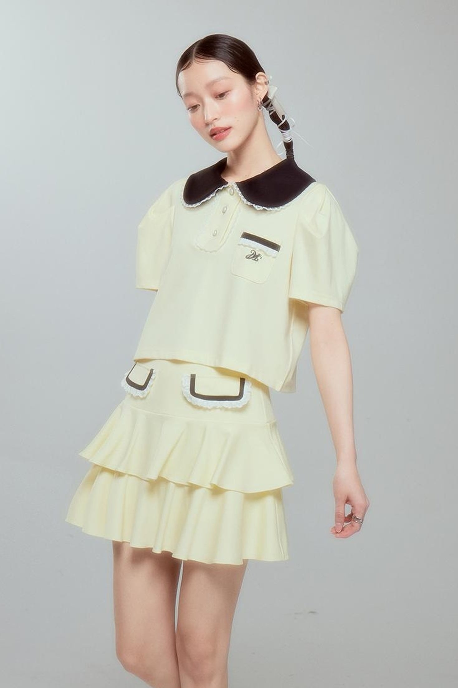 DIDDI MODA Balletcore Knit Set Soft Contrast Trim Top Skirt