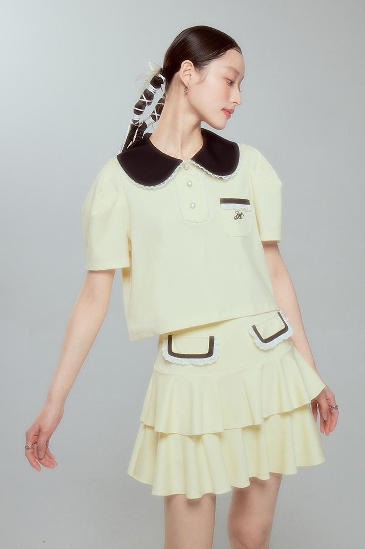 DIDDI MODA Balletcore Knit Set Soft Contrast Trim Top Skirt