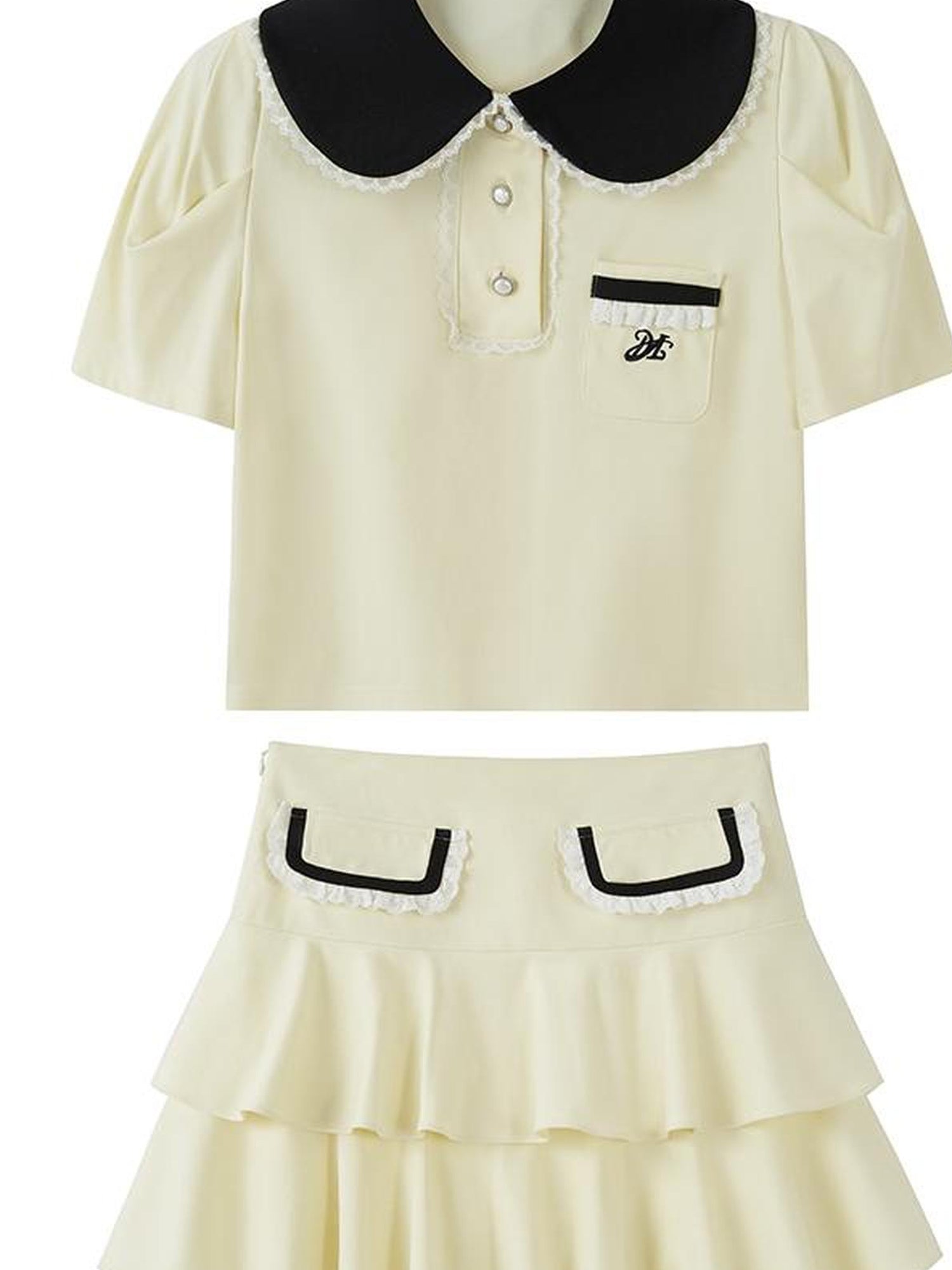 DIDDI MODA Balletcore Knit Set Soft Contrast Trim Top Skirt