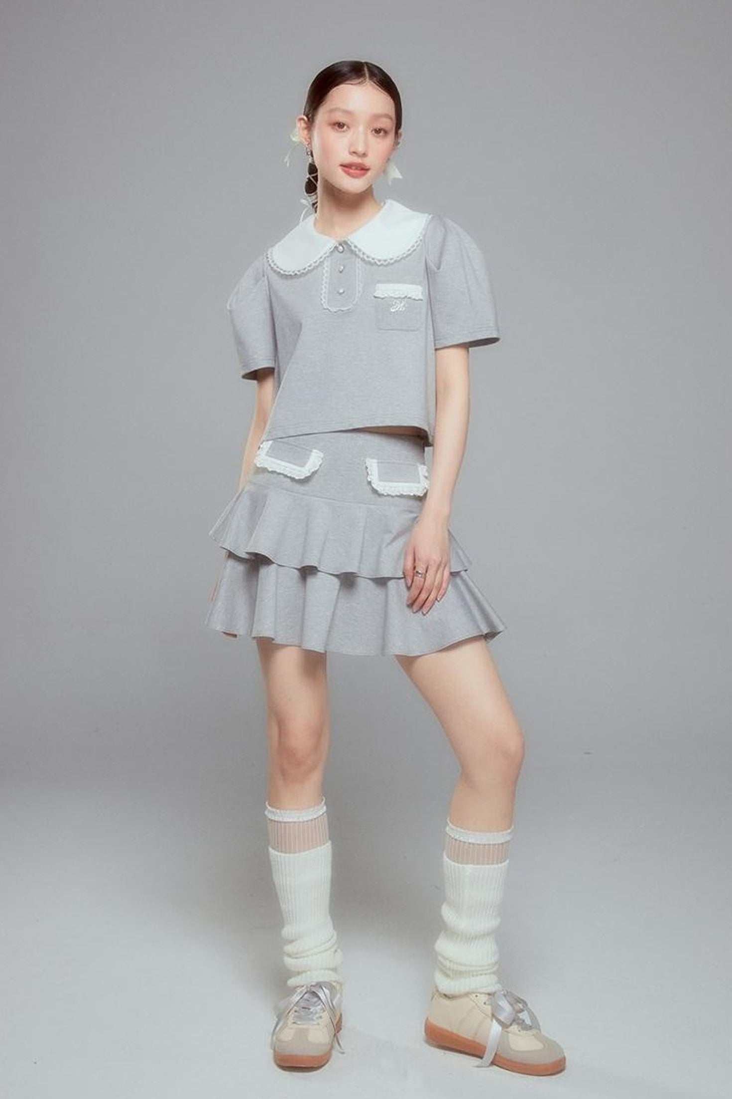 DIDDI MODA Balletcore Knit Set Soft Contrast Trim Top Skirt