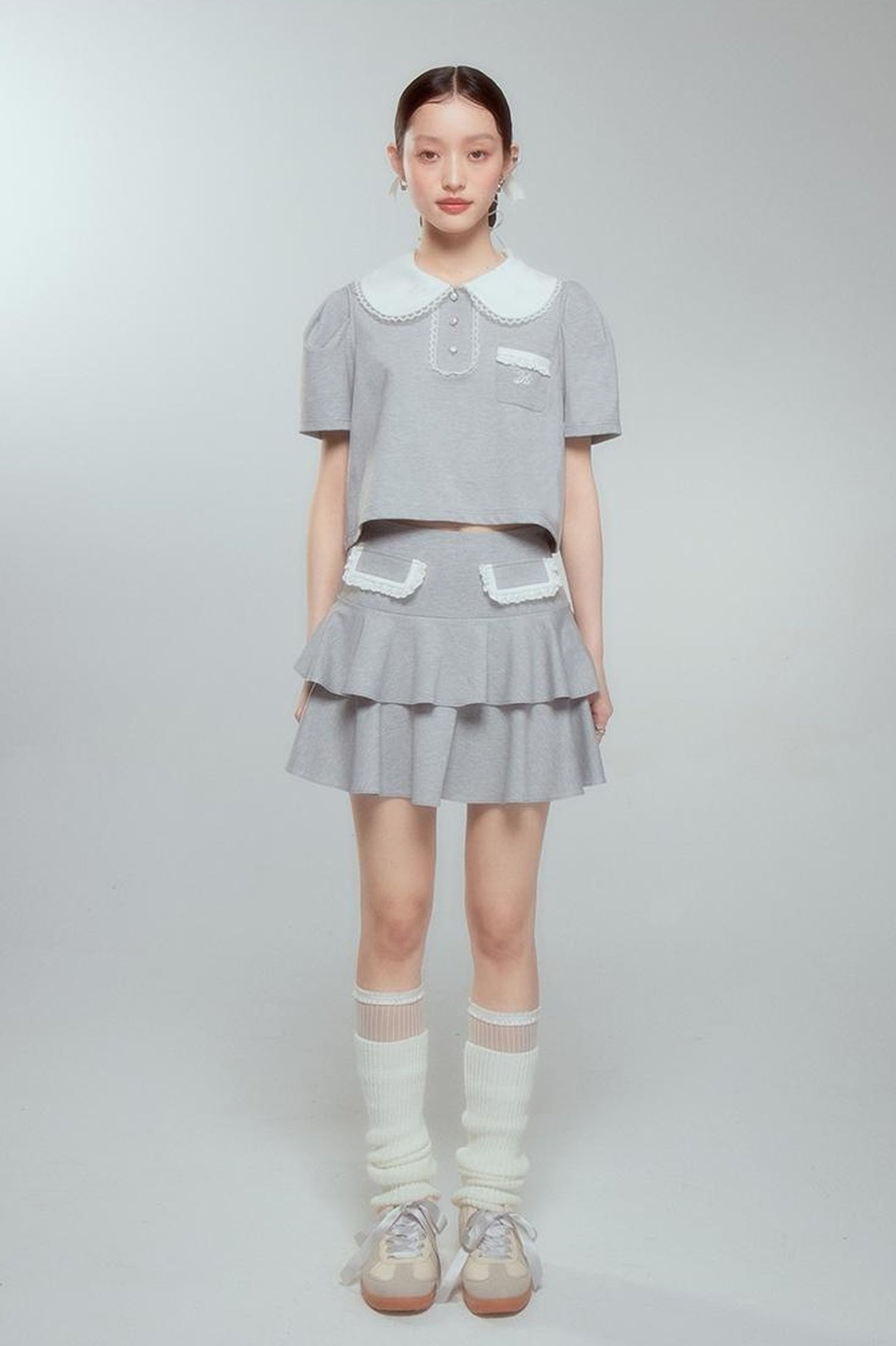 DIDDI MODA Balletcore Knit Set Soft Contrast Trim Top Skirt