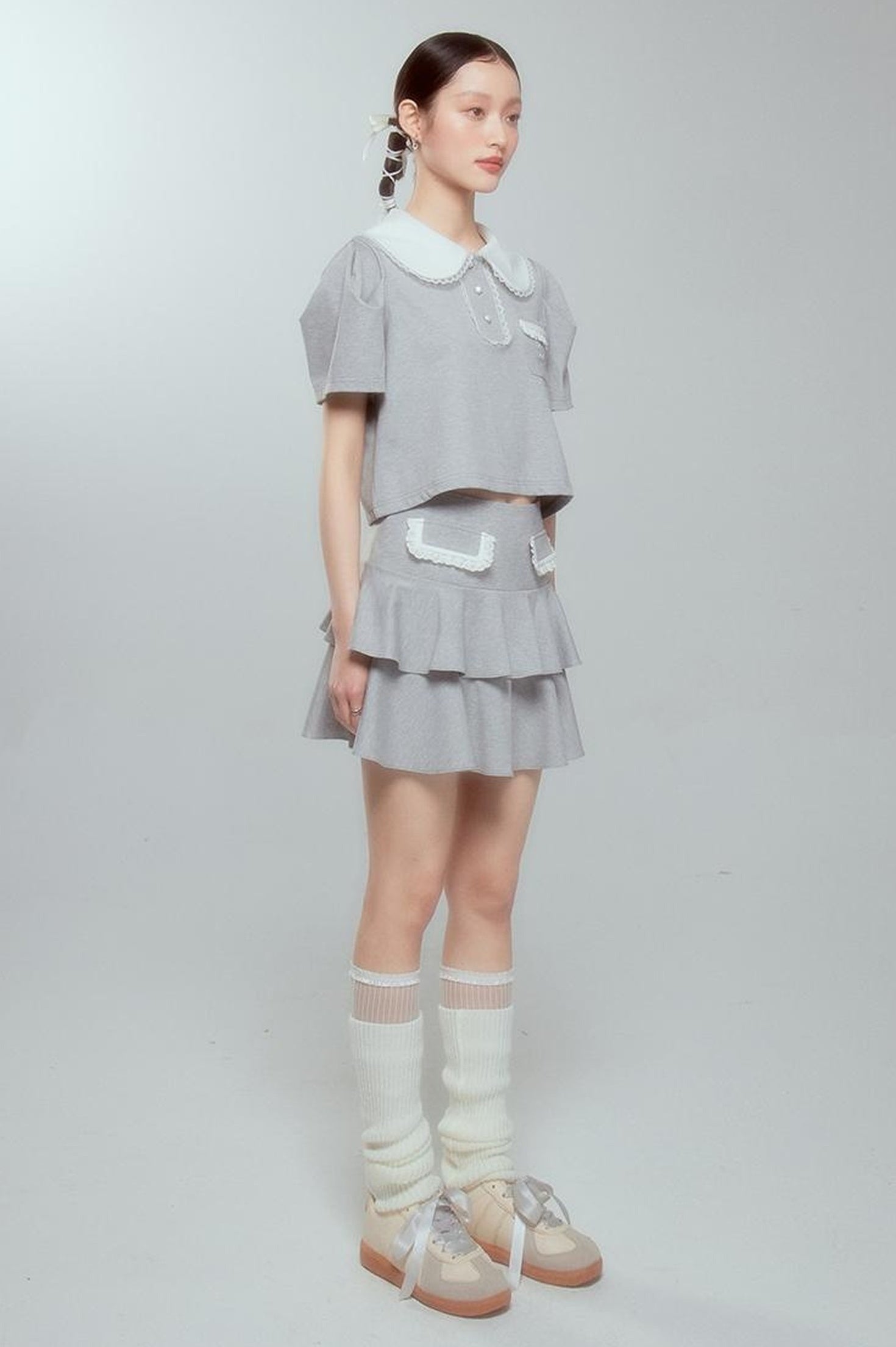 DIDDI MODA Balletcore Knit Set Soft Contrast Trim Top Skirt
