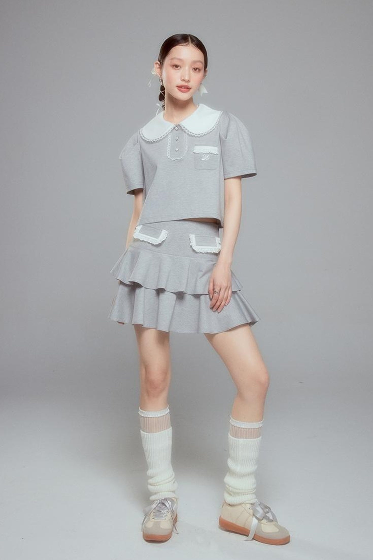 DIDDI MODA Balletcore Knit Set Soft Contrast Trim Top Skirt