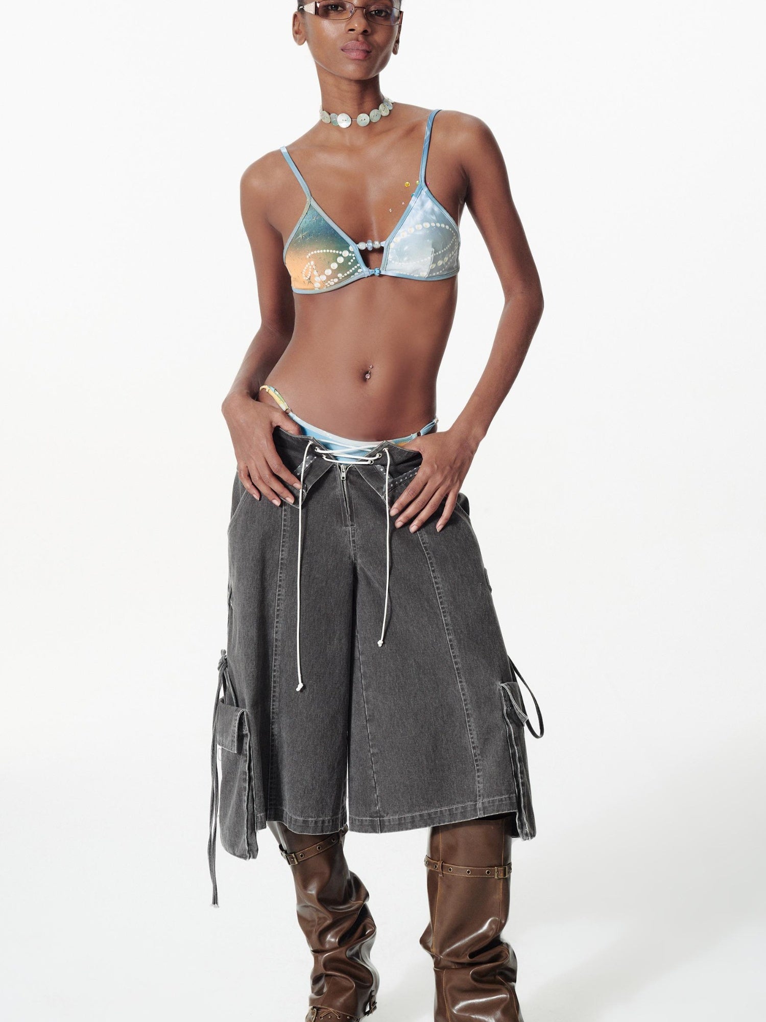 2th Desire Beach Bikini Set With Pearl Print & Color Blocking Swimwear