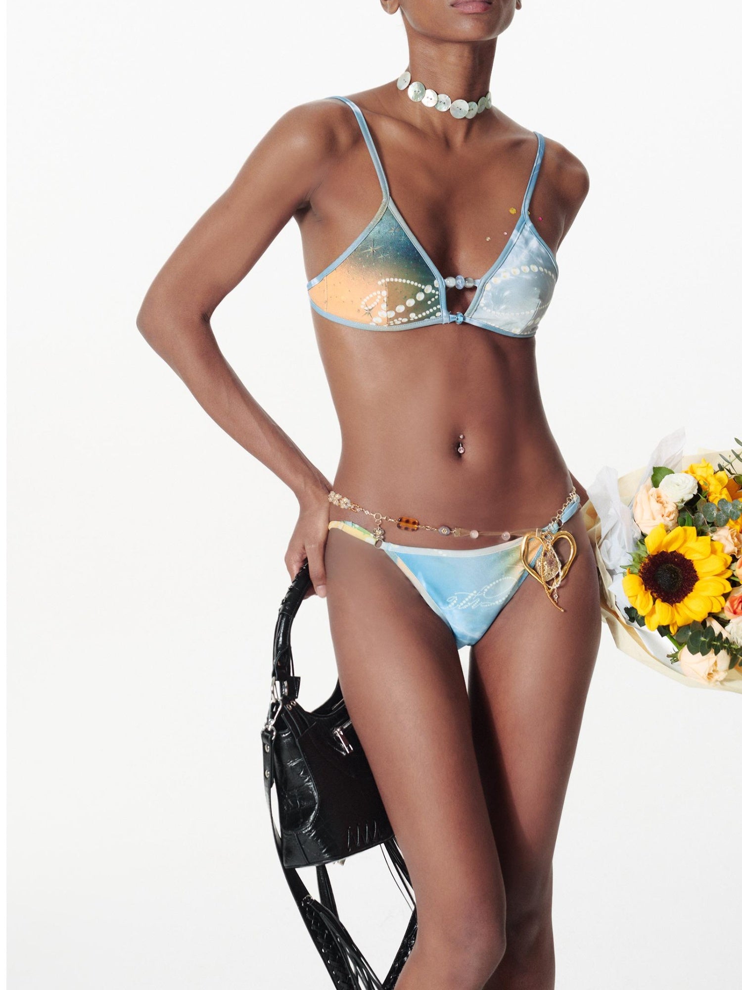 2th Desire Beach Bikini Set With Pearl Print & Color Blocking Swimwear
