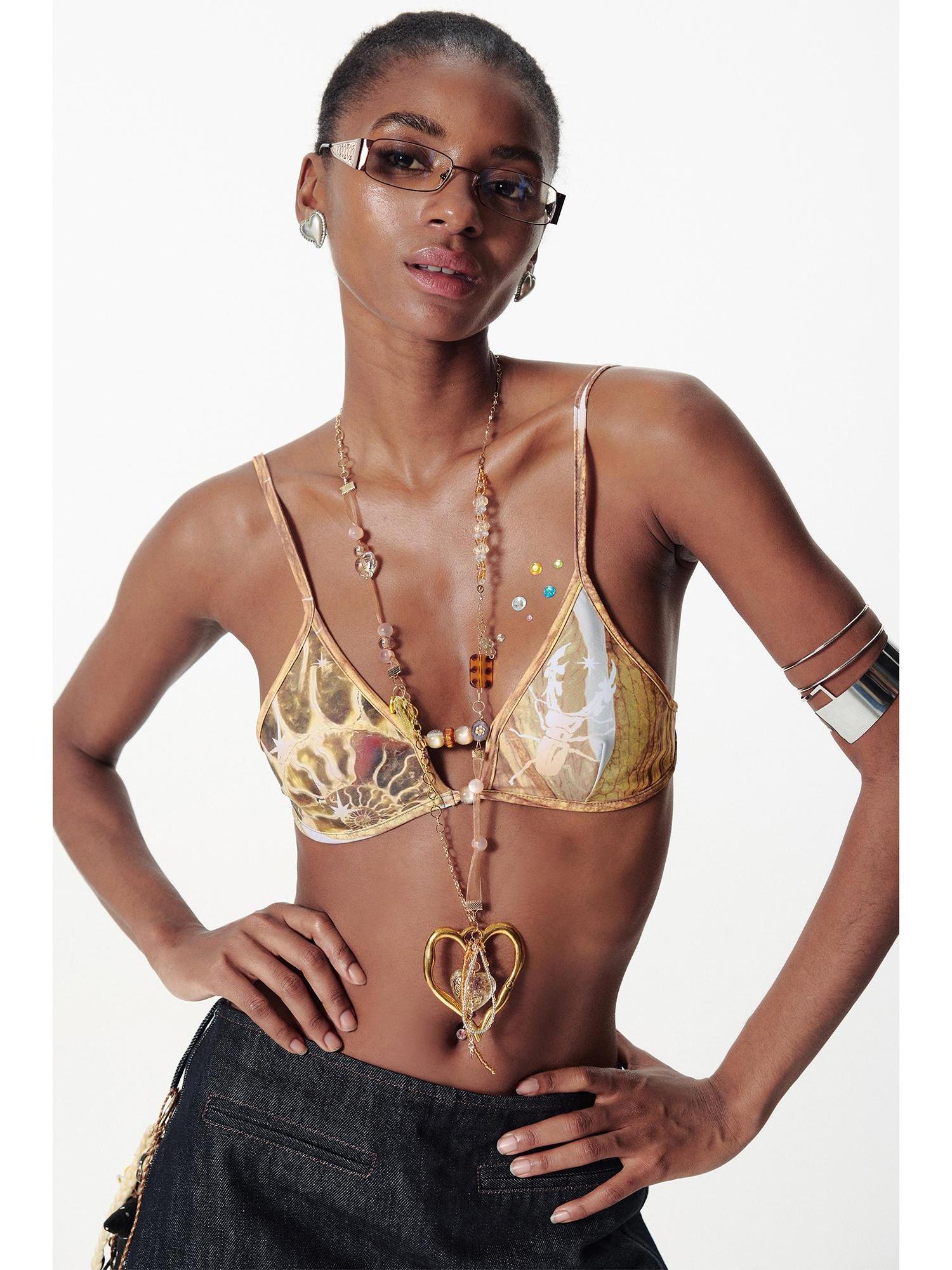 2th Desire Beach Bikini Set With Pearl Print & Color Blocking Swimwear