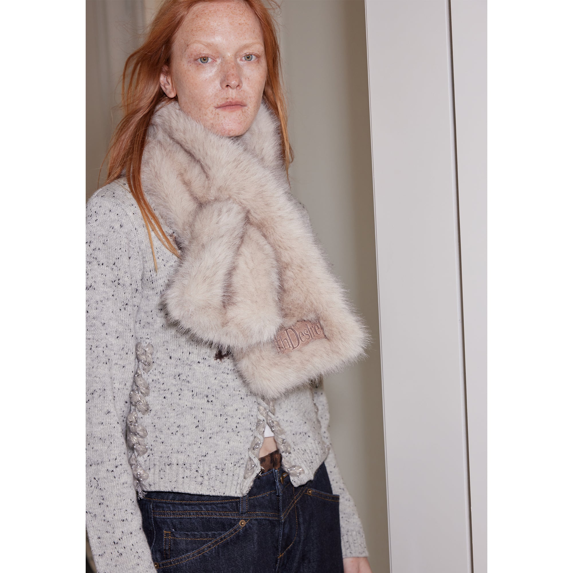 2th Desire Two Tone Faux Fur Scarf With Leather Label