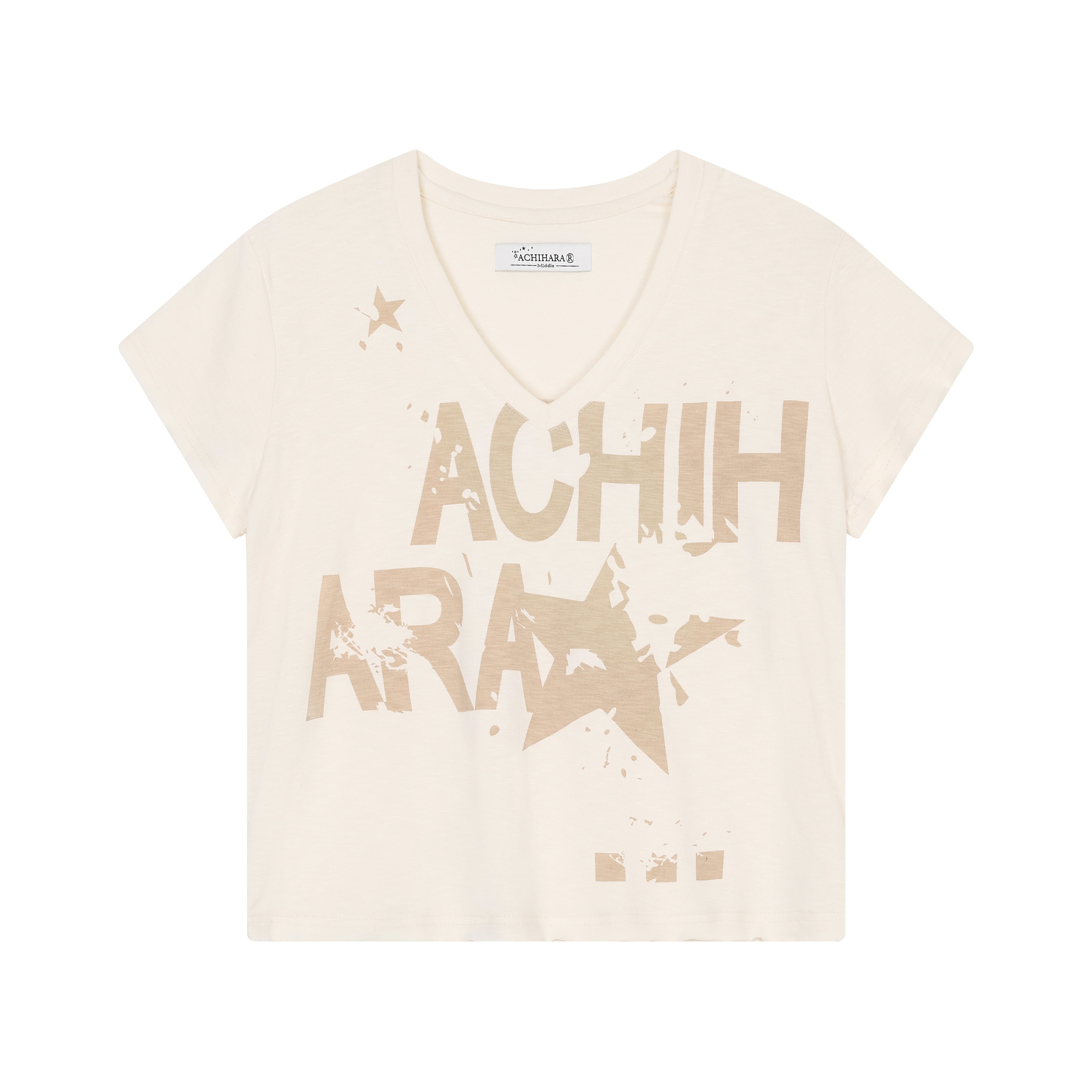 Achihara V-Neck Frayed Hem Cotton Tee With Melted Fruit Print
