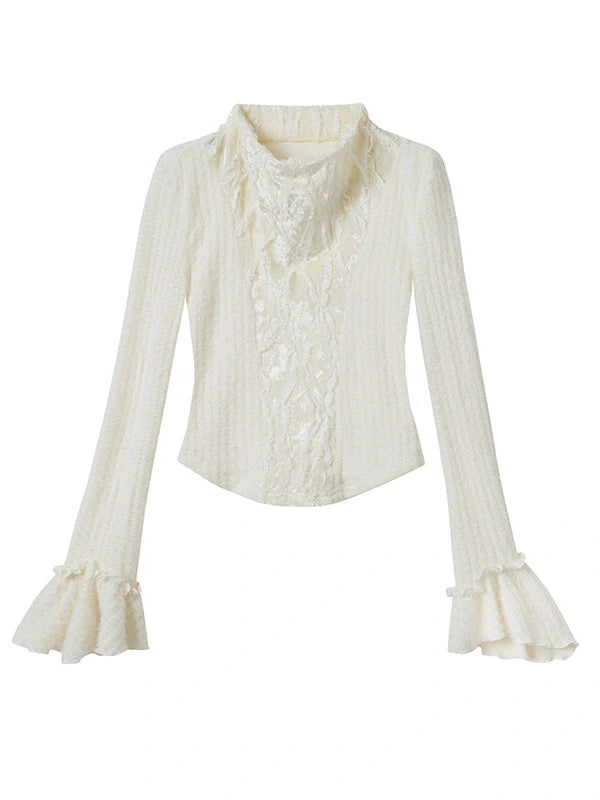 Velvet Lace Trim Embroidered Mock Neck Top