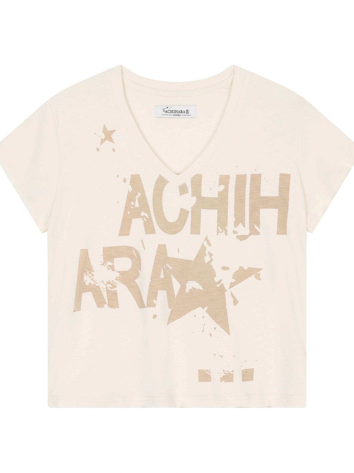 V-Neck Frayed Hem Cotton Tee With Melted Fruit Print